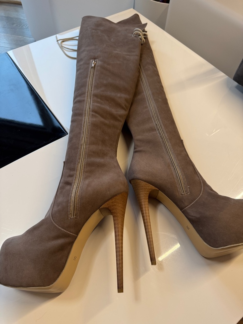 Tajna Women’s Taupe Over-the-Knee Platform Stiletto Boots 6.5” Heel - Picture 7 of 8